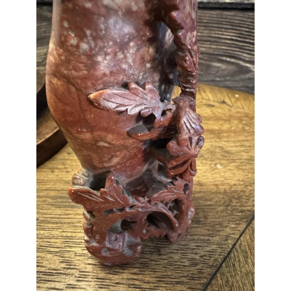 Vintage Hand Carved Chinese Flower Leaves,‎ Plants Natural Soapstone Ornate Vase